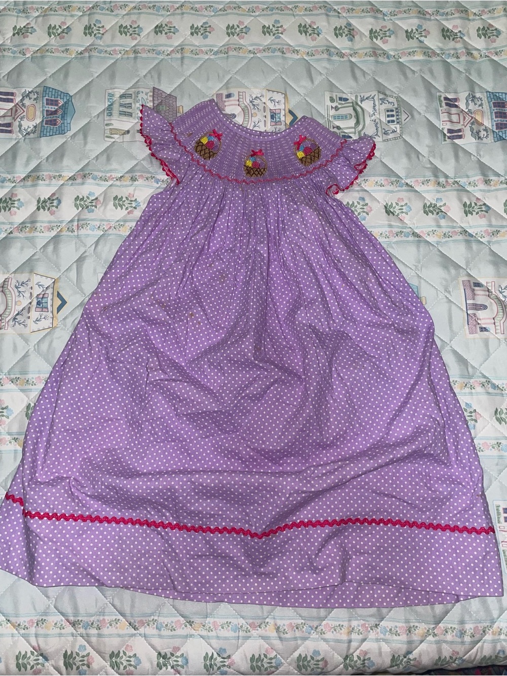 Girls Lavender Polka Dot Smocked Dress with Cupcake Detail